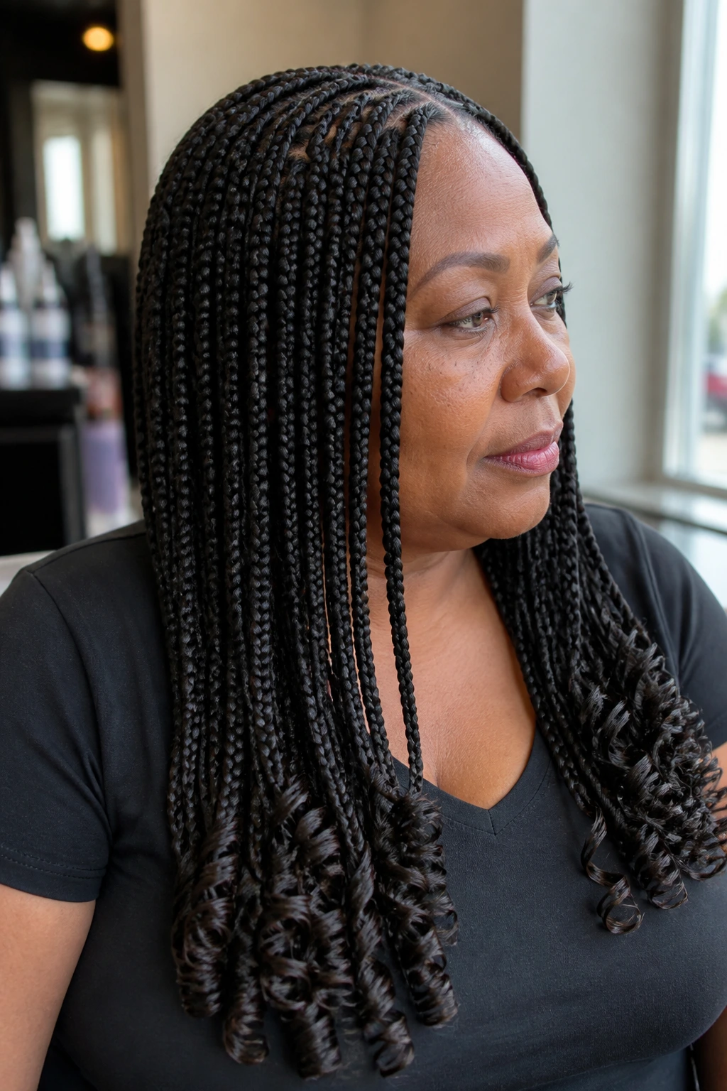 Close-up of a real woman wearing knotless box braids in medium sections