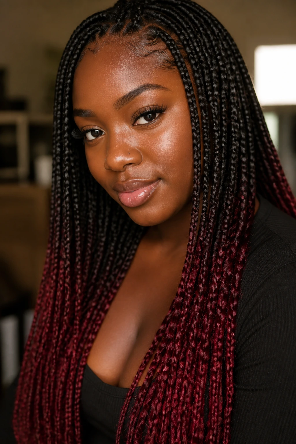 Knotless braids with burgundy tips on real person, close-up portrait