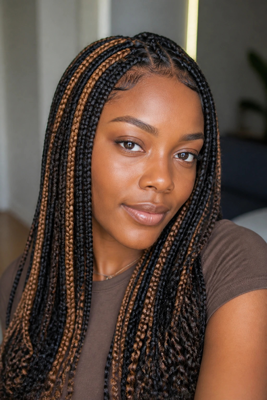 Close-up of knotless braids with caramel accent pieces