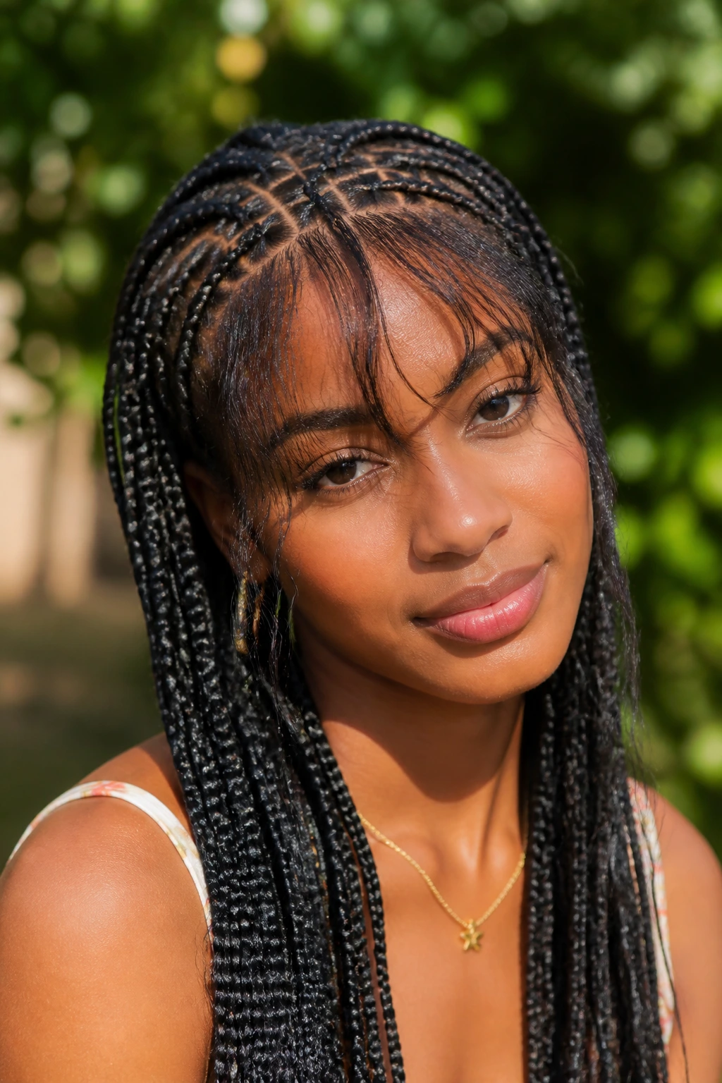 Close-up of a real woman with knotless braids and chevron part with wispy bangs