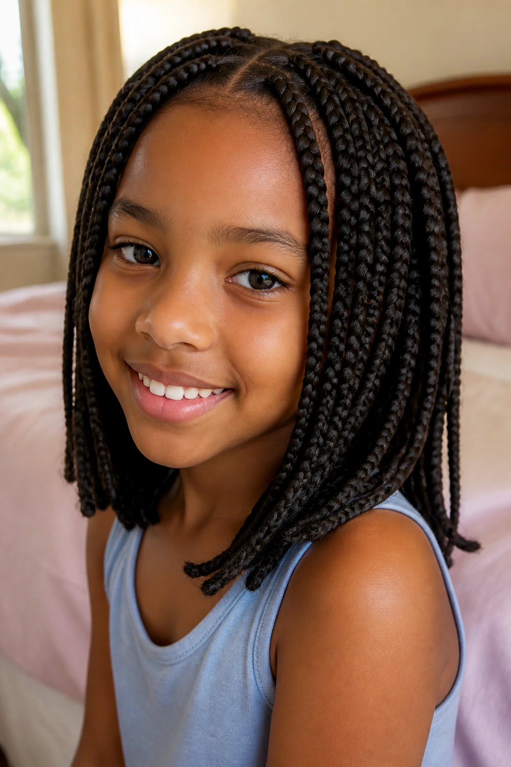 Close-up of a real young girl with shoulder-length knotless braids in a cozy bedroom