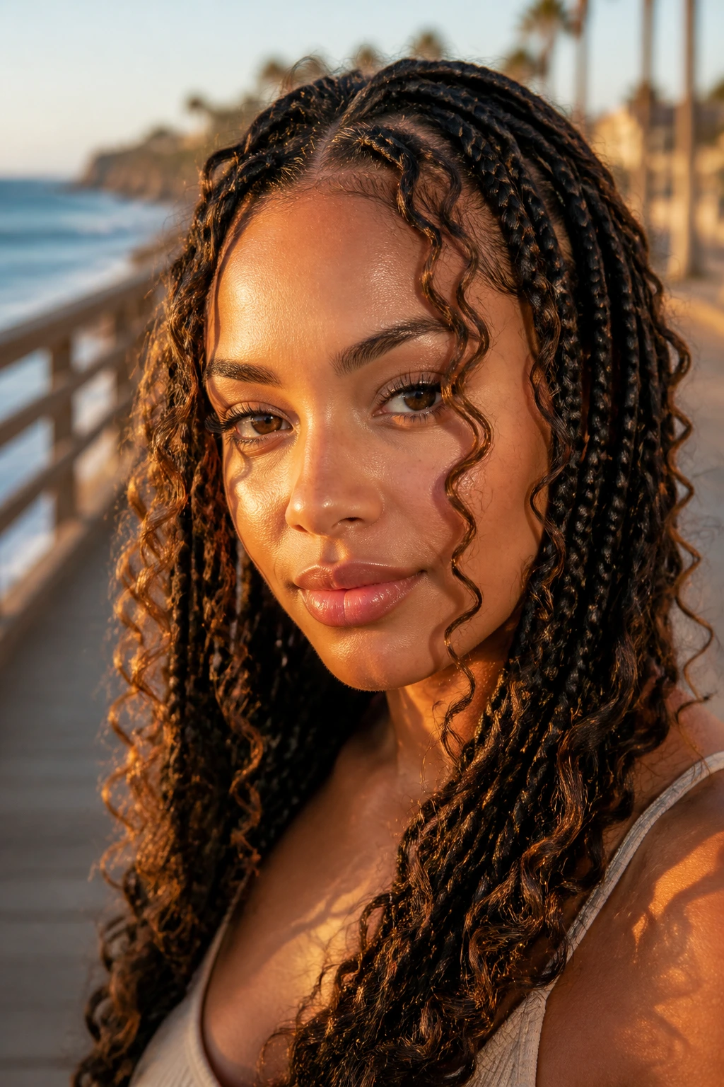 Close-up of a woman wearing knotless braids with curl pops on a coastal boardwalk.
