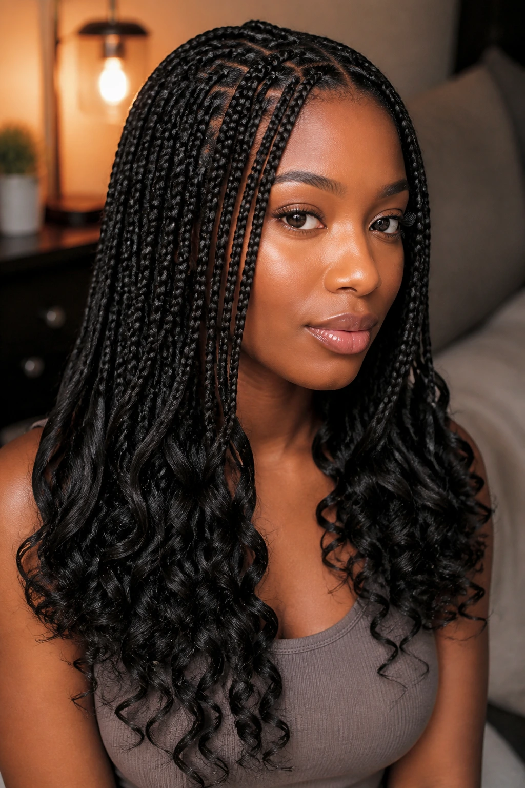 Close-up of a real woman with knotless braids and curled ends.