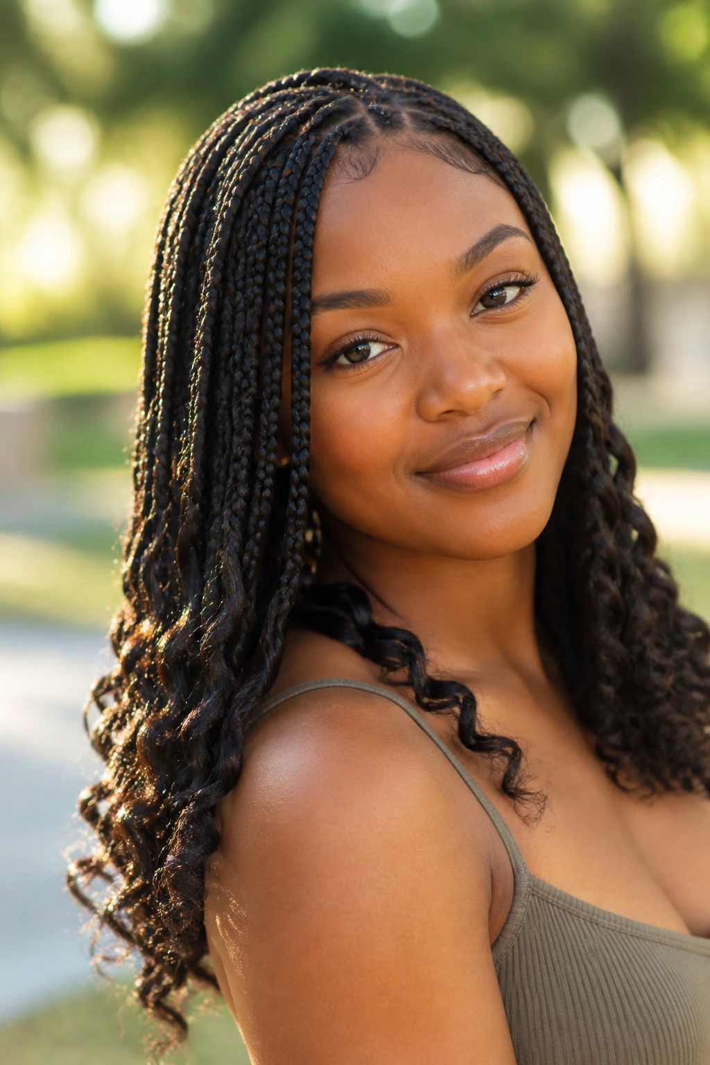 Close-up portrait of a real person with knotless braids and curled ends