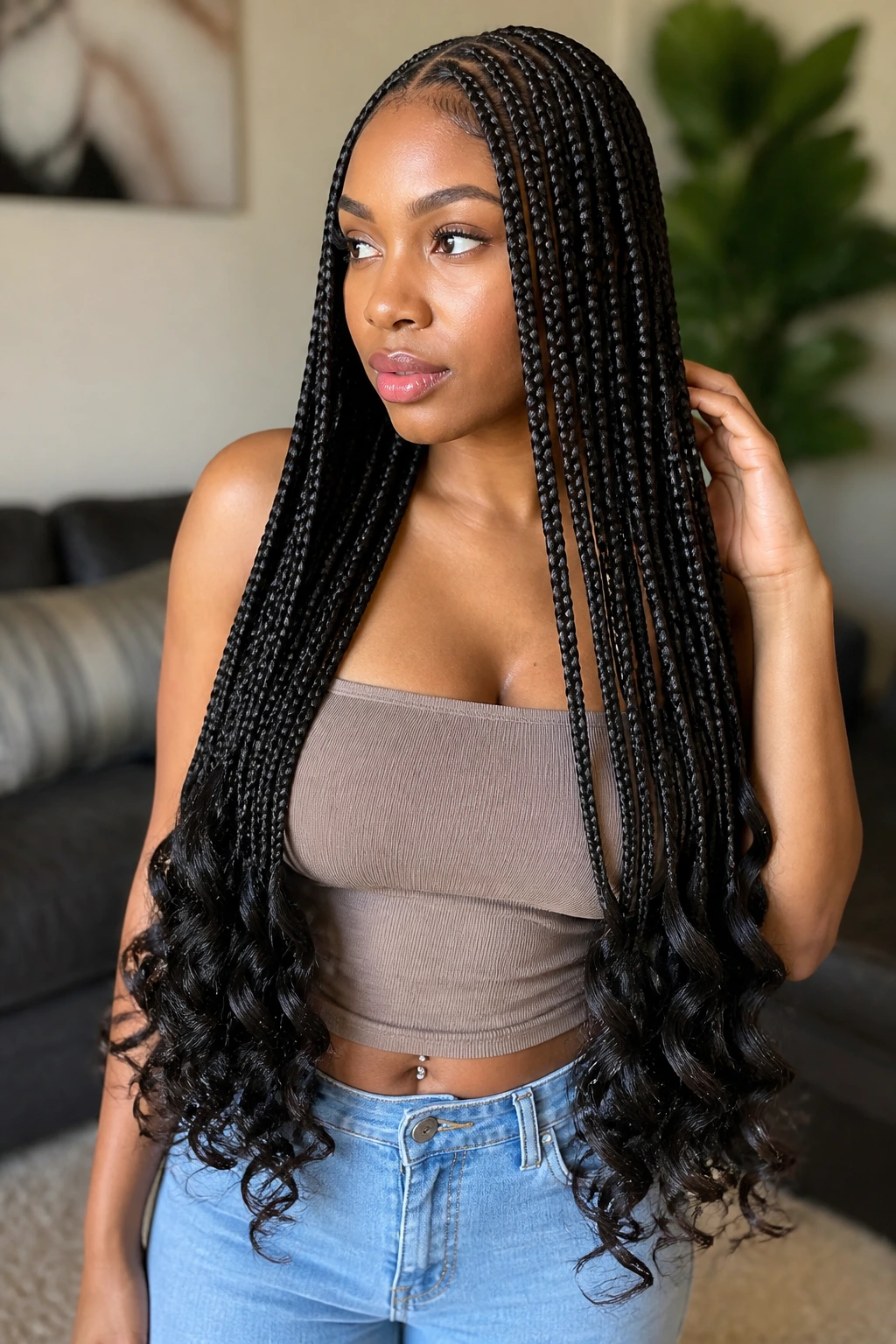 Portrait of a person with waist-length knotless braids and curled ends.