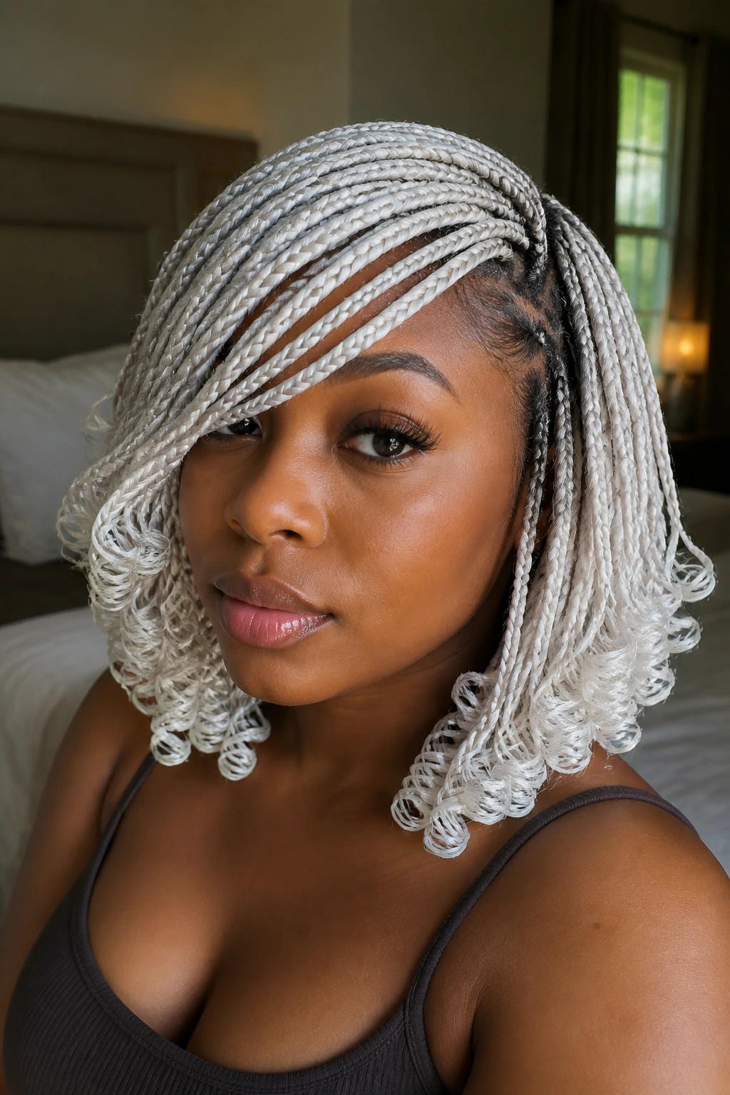 Close-up of a real woman with bob-length knotless braids, curled ends, side-swept bang in warm window light