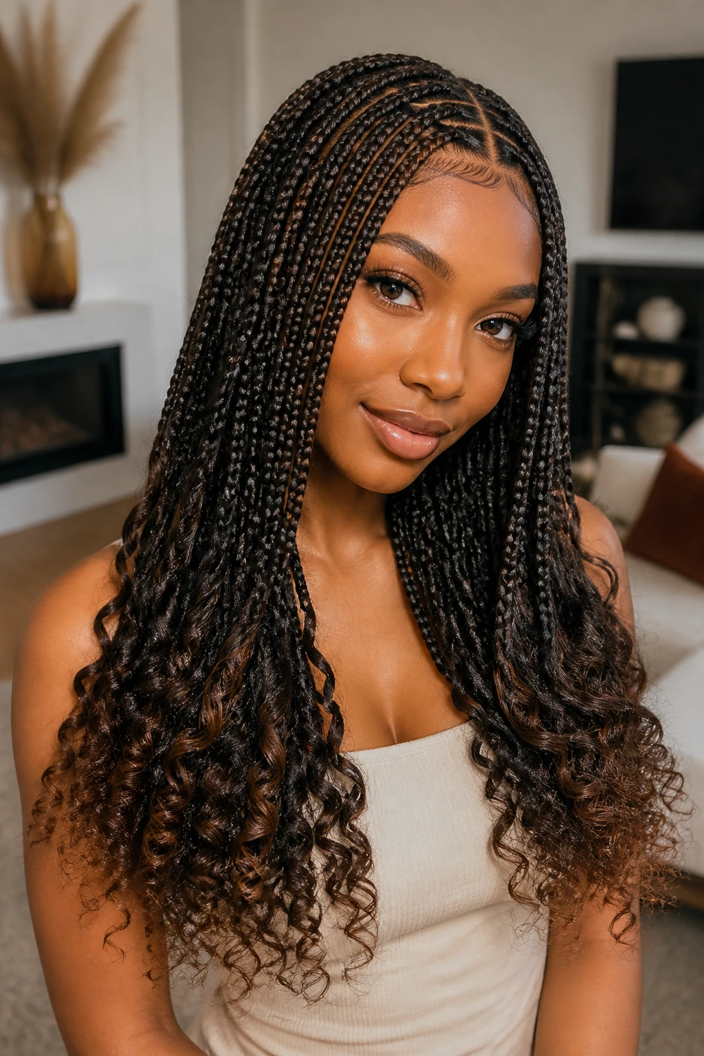 Close-up of a real woman with knotless braids ending in curly ends and a visible scalp part