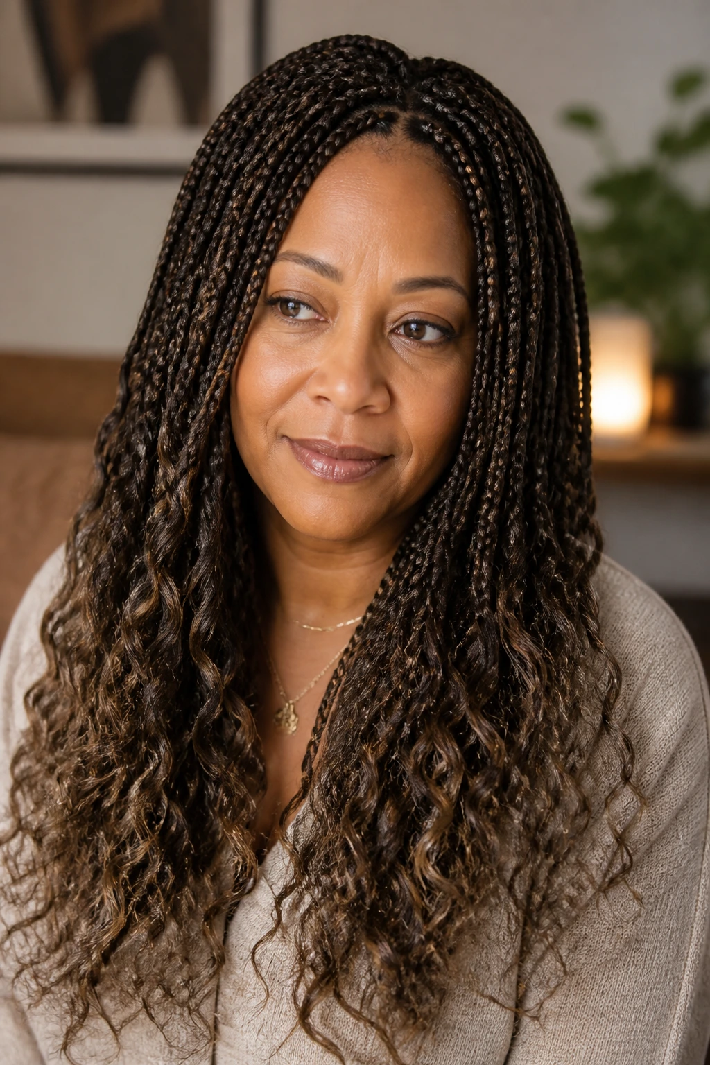 Close-up of knotless braids with curly ends on a real woman