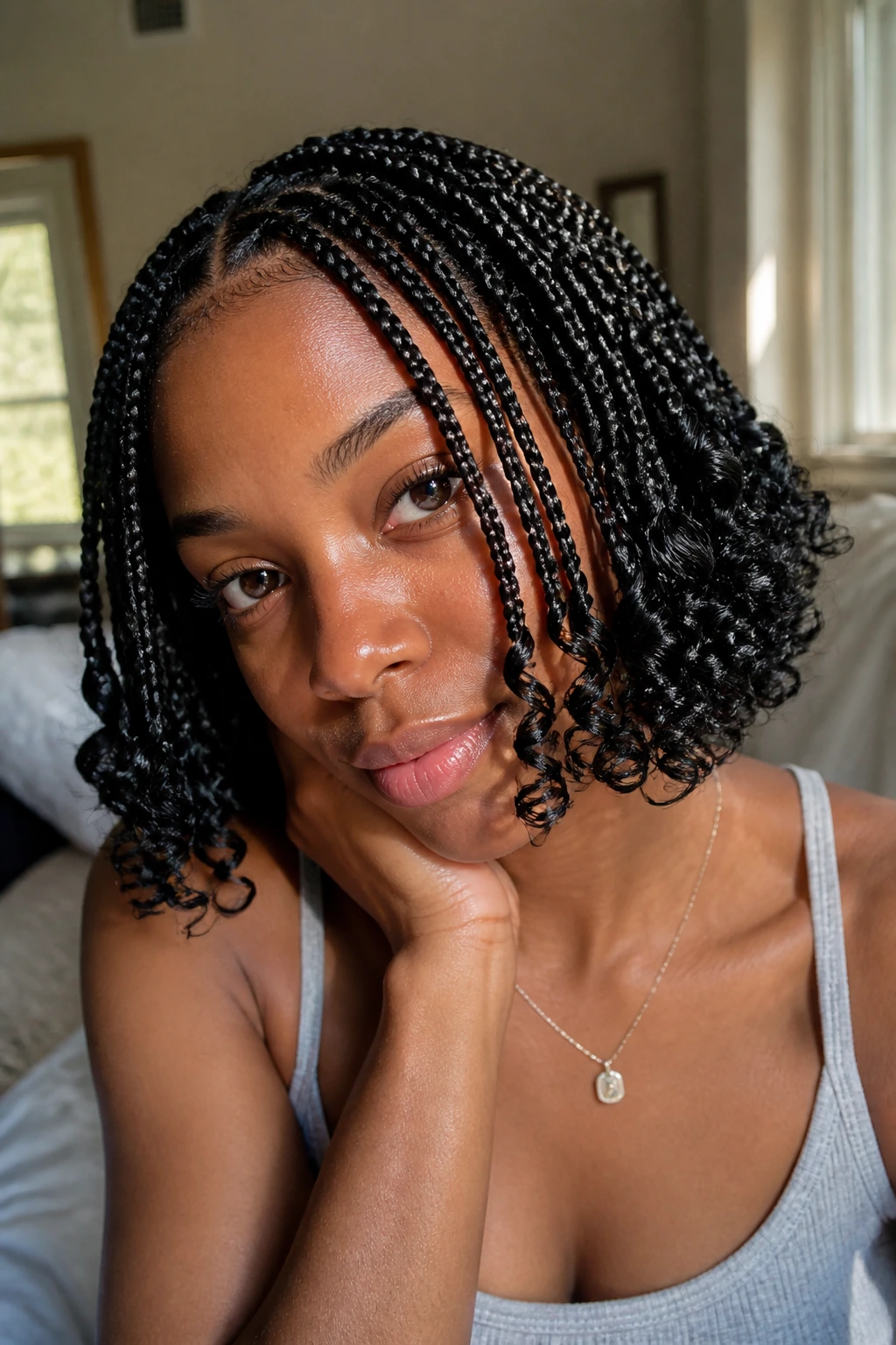 Close-up of real woman with Curly-End Knotless Braids and curls at chin length in soft window light