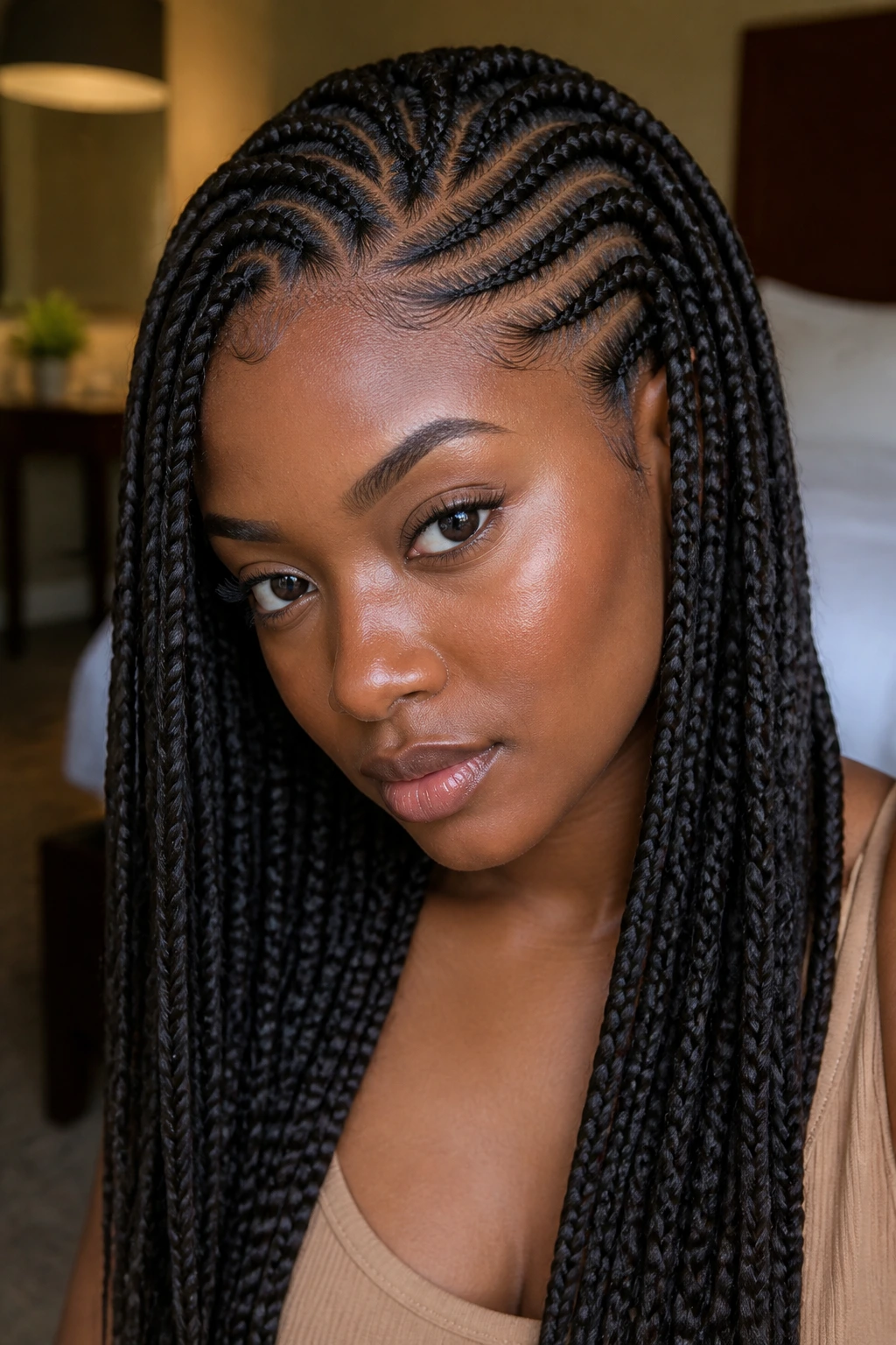 Close-up portrait of knotless braids with curved parts on thick hair