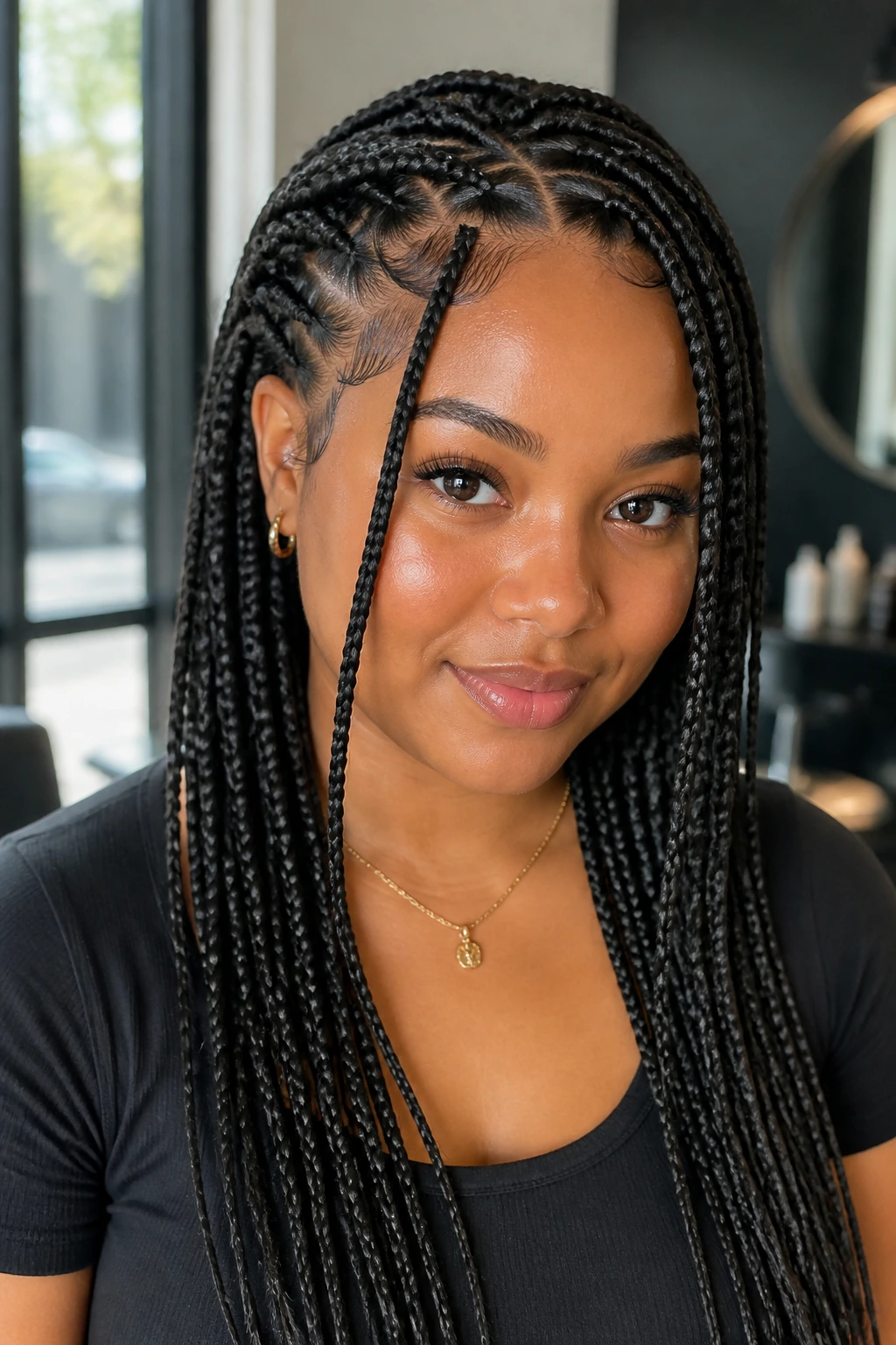 Close-up of a real woman with knotless braids and face-framing pieces