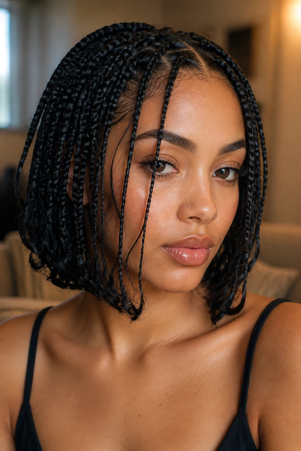 Close-up portrait of a person with knotless braids that frame the jaw