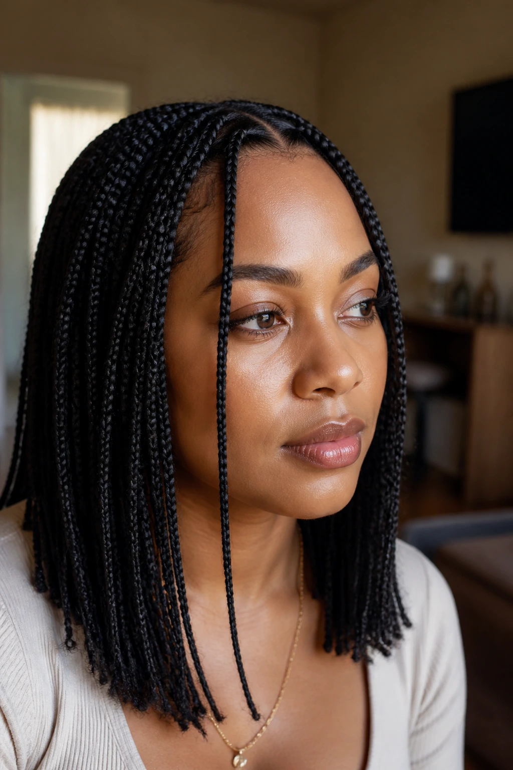 Close-up of a real Black woman with knotless braids and face-framing front pieces.