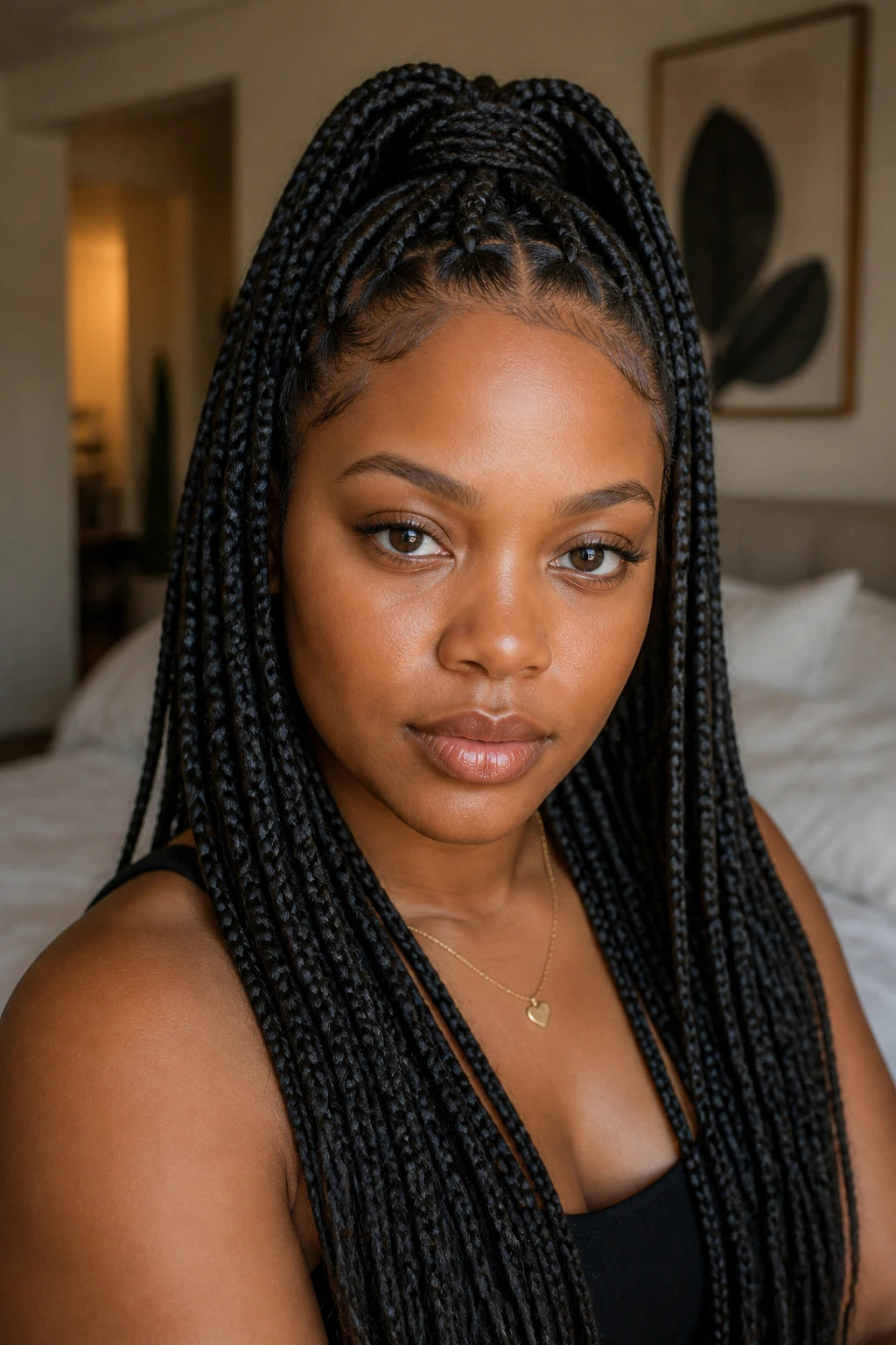 Close-up of a real woman with knotless braids in a high half-up hairstyle under natural window light