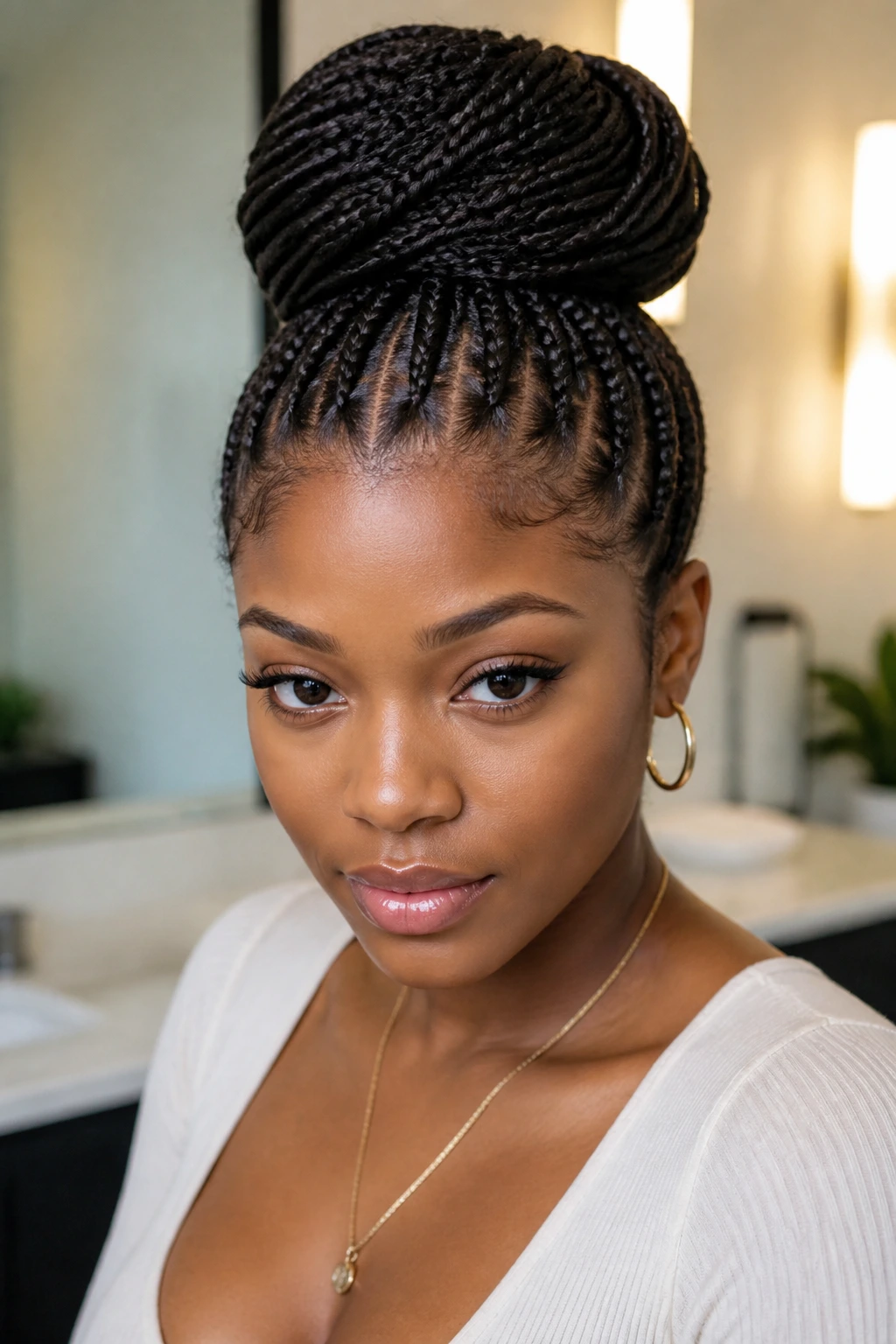 Real woman with knotless braids in a high bun, close-up portrait