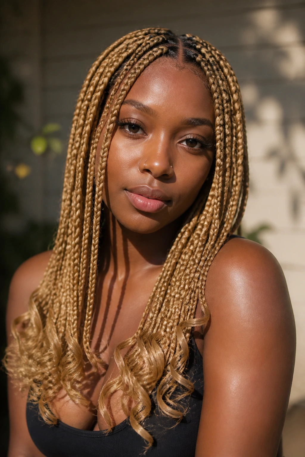 Close-up of a real person with honey-blonde knotless braids and curved ends