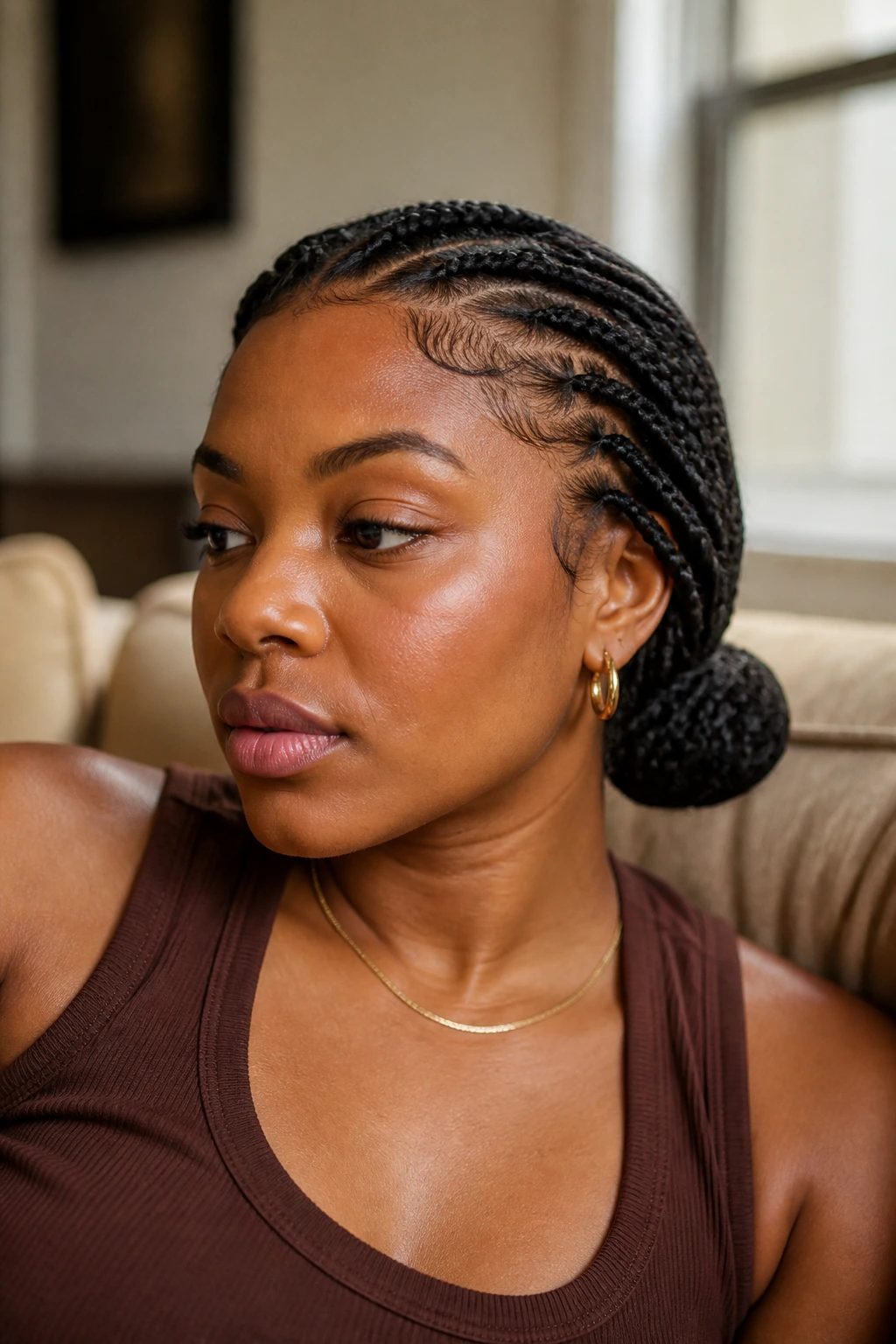 Close-up of a real person with knotless braids swept low into a side knot