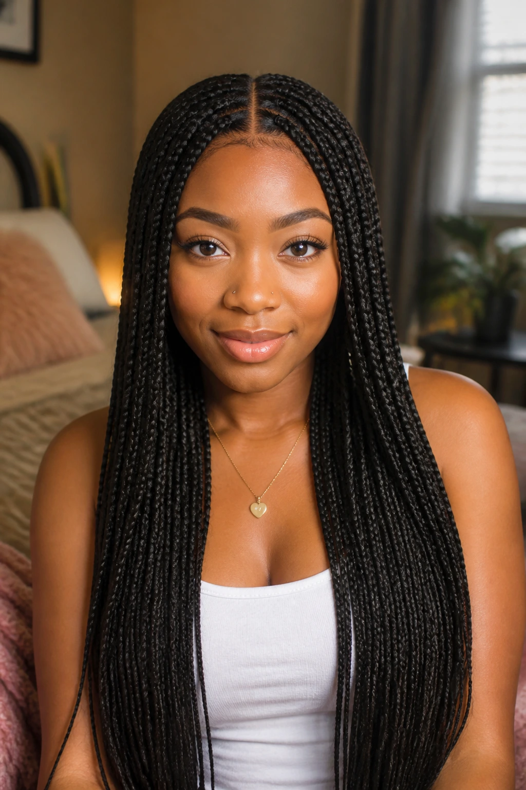 Close-up knotless braids with middle part on a real woman, warm window-light portrait