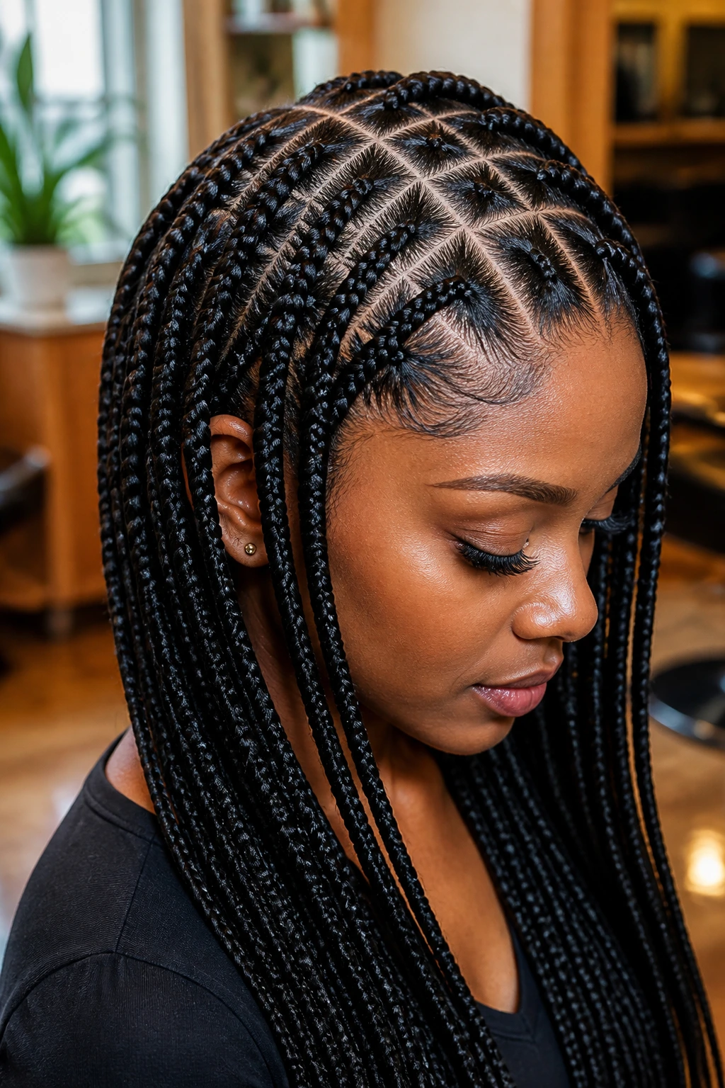 Close-up of a real woman with knotless braids showing clean scalp parts in a modern salon.