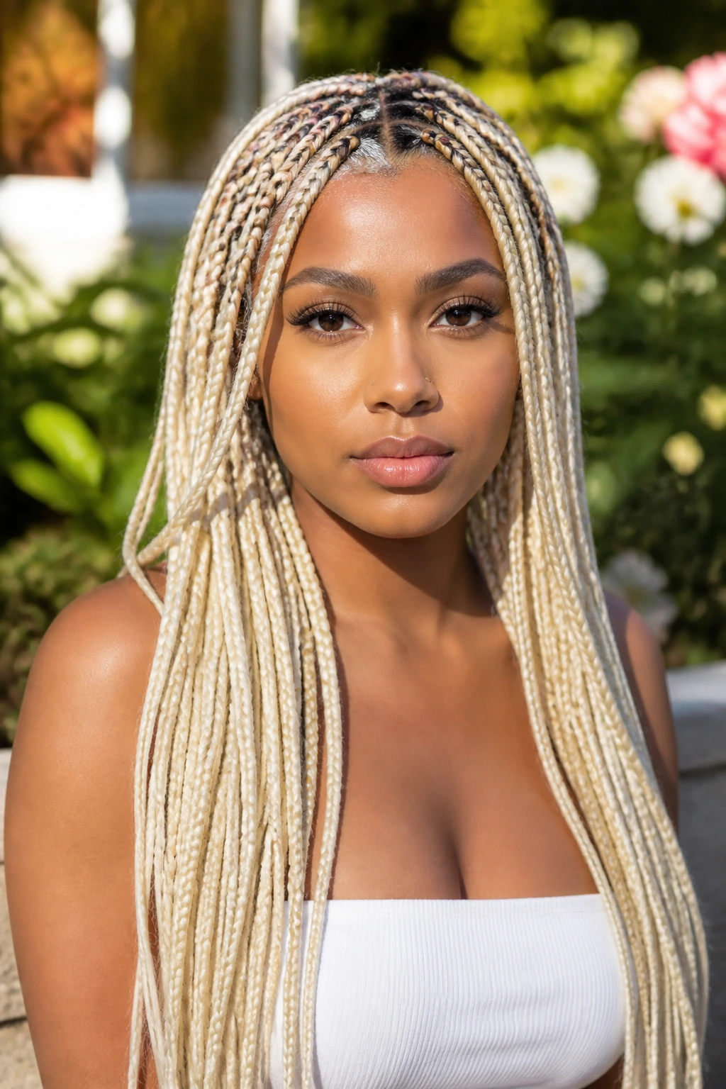 Portrait of knotless braids with platinum extensions on a real person