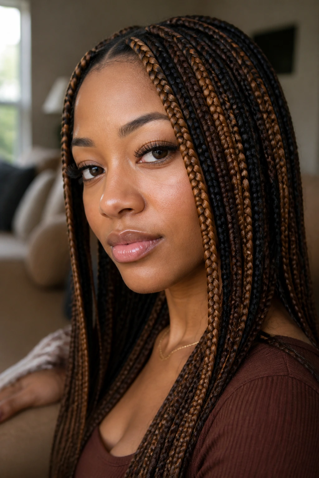 Close-up portrait of a real woman with knotless braids featuring brown streaks