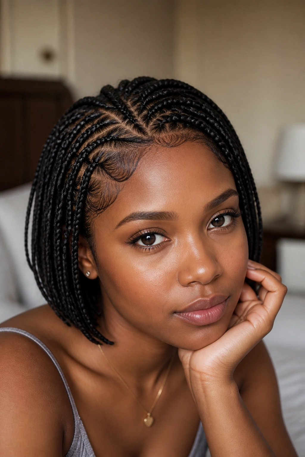 Close-up portrait of a real woman showing knotless braids starting at the scalp with flat roots