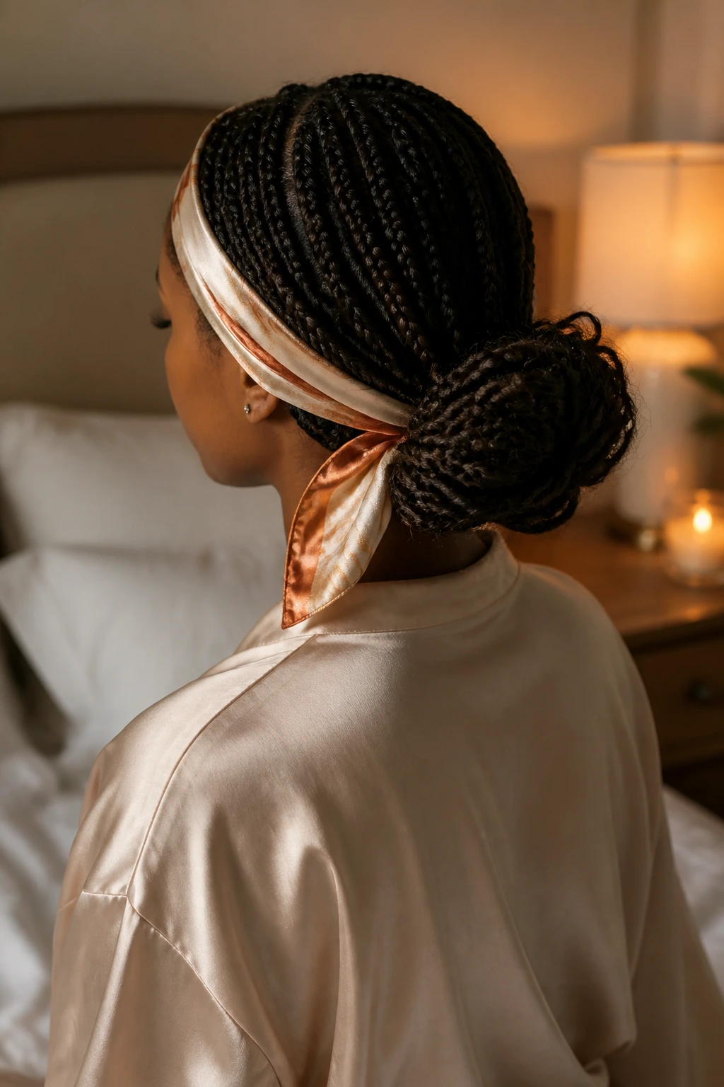 Back-of-head view of a real woman with knotless braids and a satin scarf in a softly lit bedroom