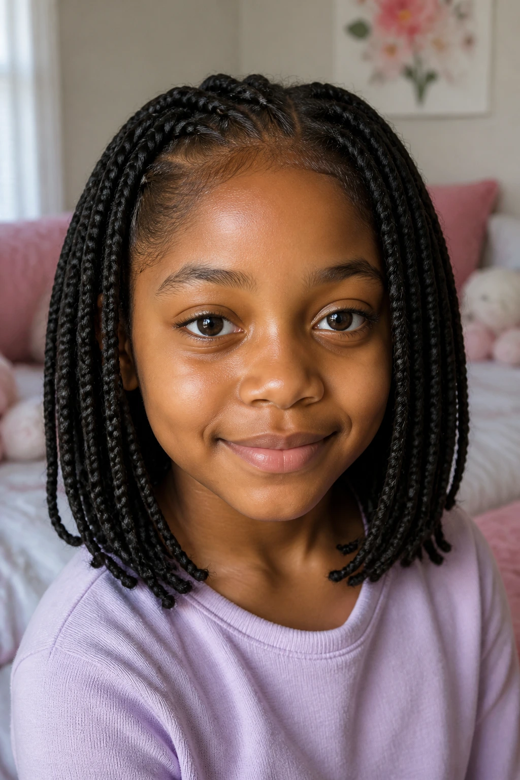Close-up of a real young girl with shoulder-length knotless braids in a cozy bedroom.