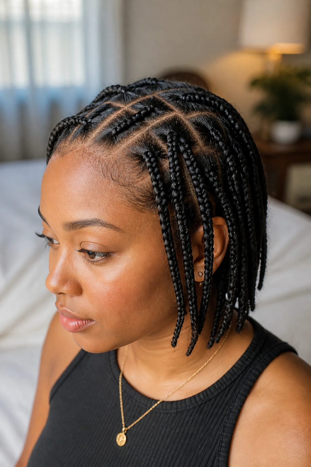 Close-up of knotless braids on short hair with a clean base in a softly lit bedroom