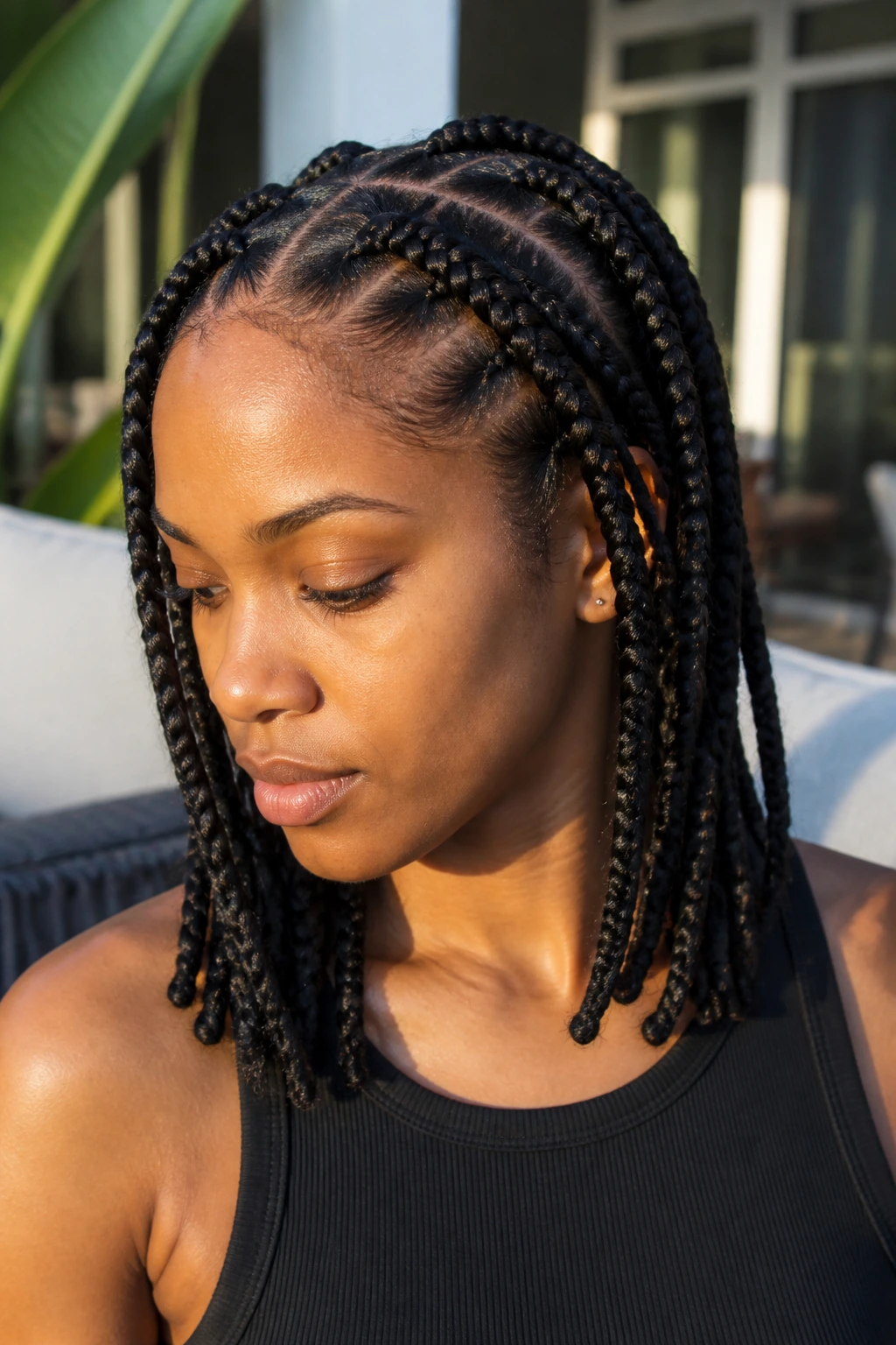 Close-up of a real woman with knotless medium-length French braids in a soft-tension summer set
