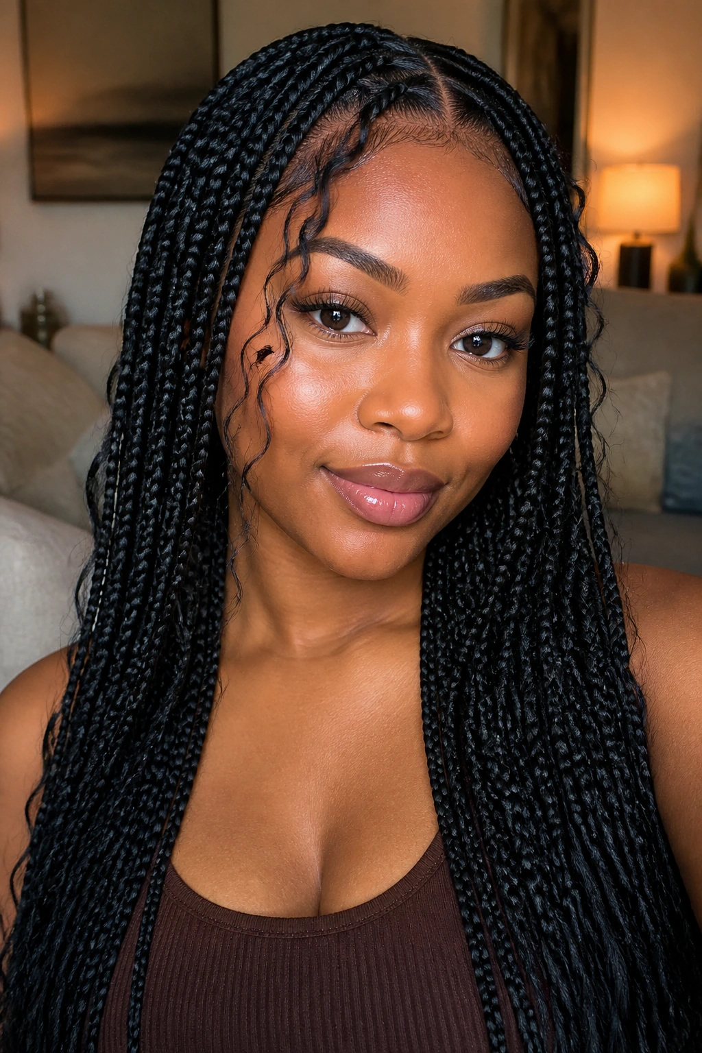 Close-up of a real woman with knotless braids and tendrils along the temples.