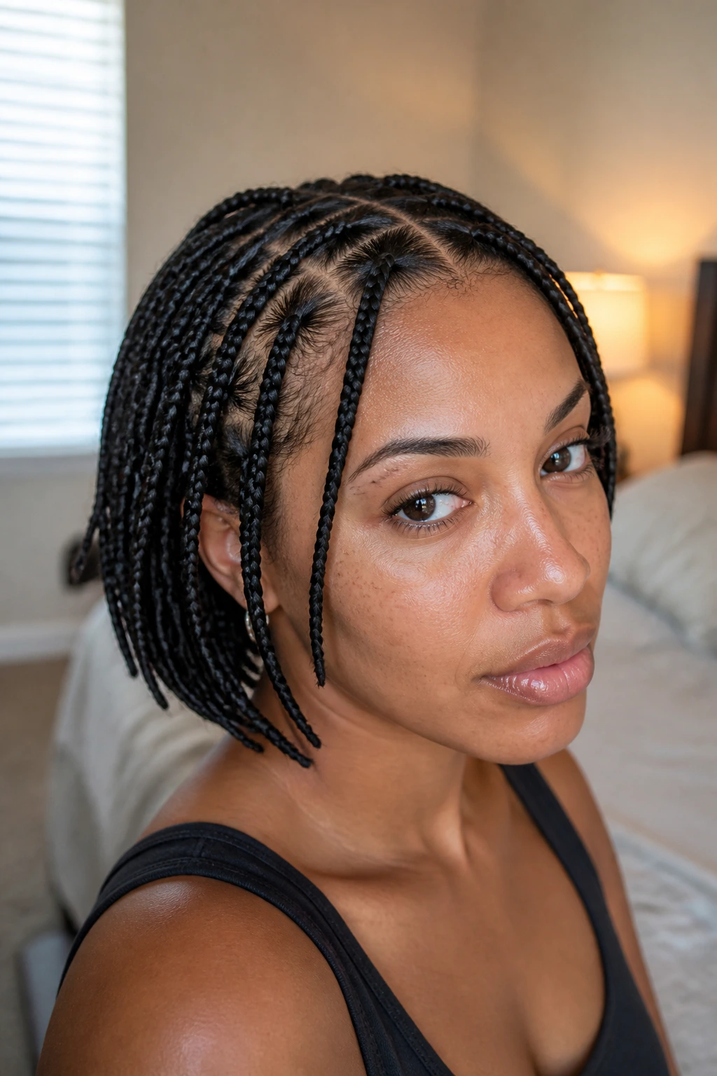 Close-up of a real person with short knotless braids on thin hair showing neat parts.