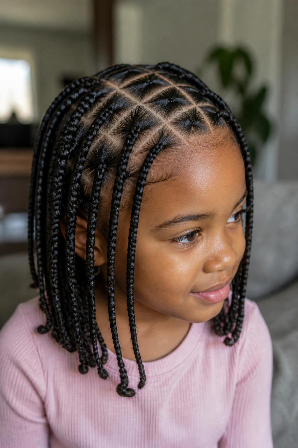Triangle-part knotless braids on a child's head