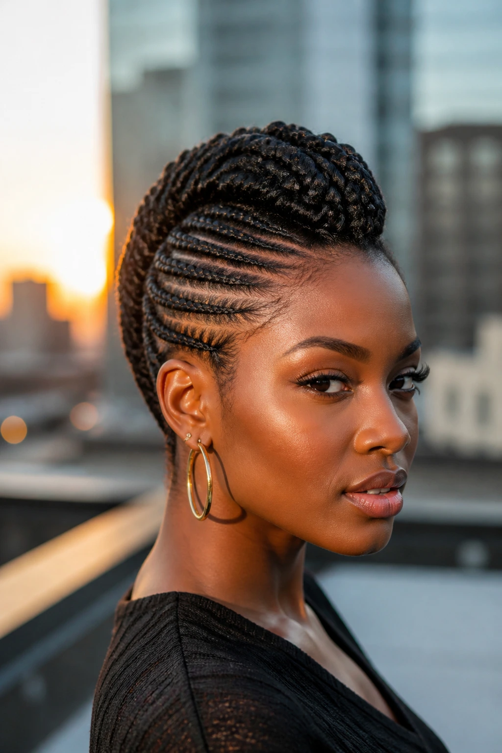 Close-up portrait of a real person with knotless faux hawk hairstyle