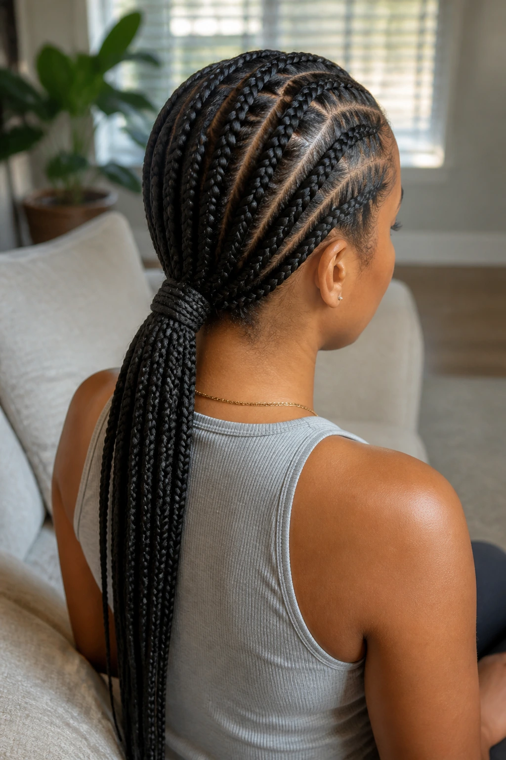 Real woman with knotless feed-in cornrows ending in a low braided ponytail