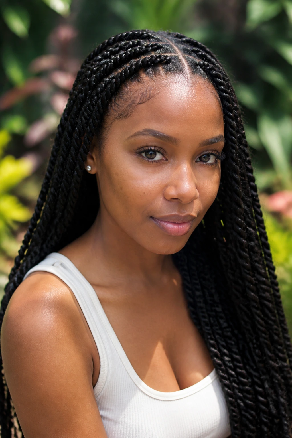 Close-up of a real woman with knotless feed-in twists outdoors in garden light.