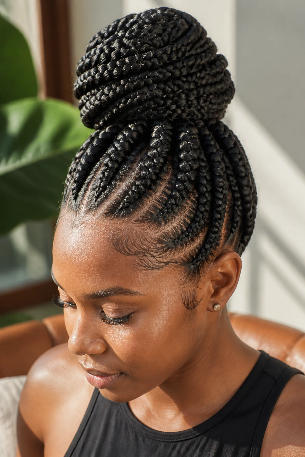 Real woman with knotless French braid bun with extensions.
