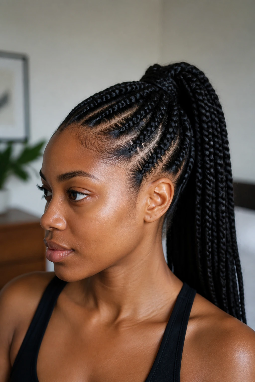 Close-up of a real woman with knotless French braid ponytail