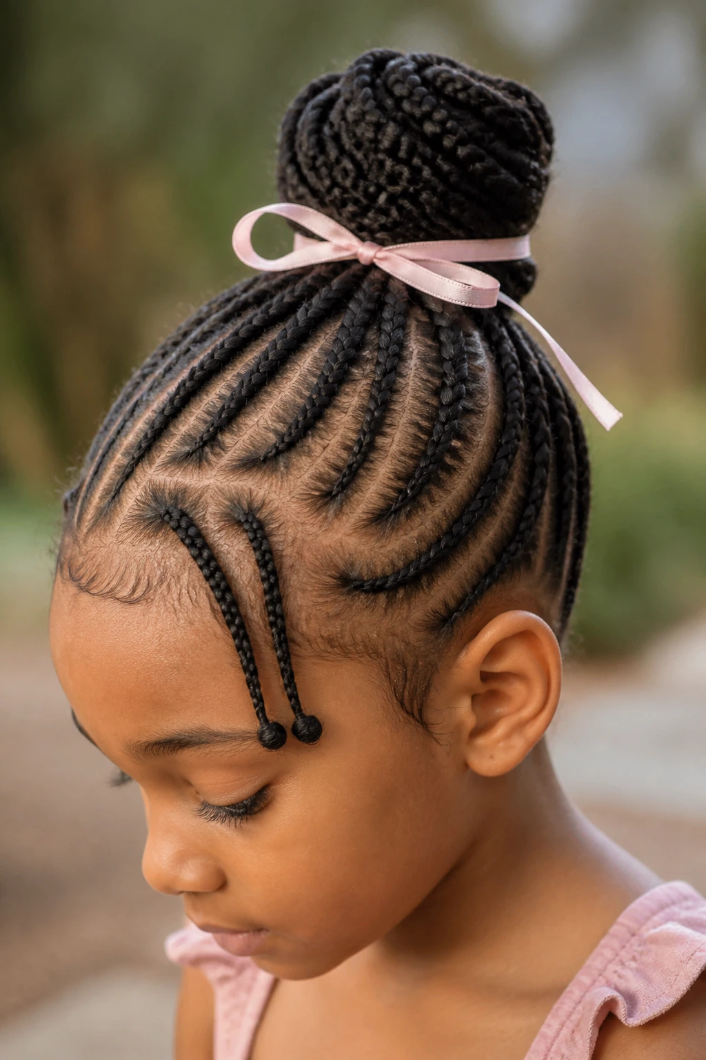Close-up of a real child with a bun featuring knotless frontline variation and back braids