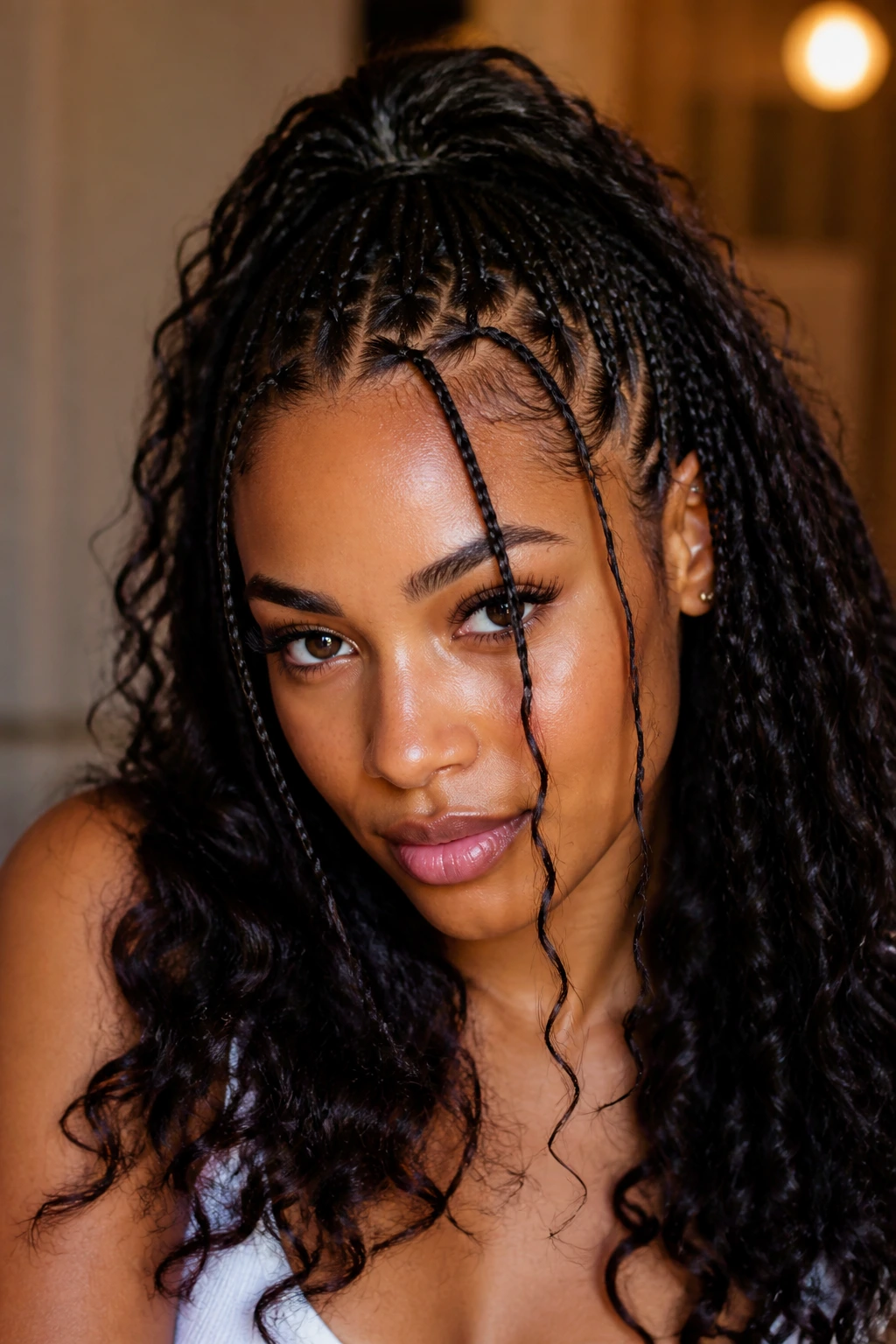 Close-up of knotless half braids with face-framing pieces on a real woman