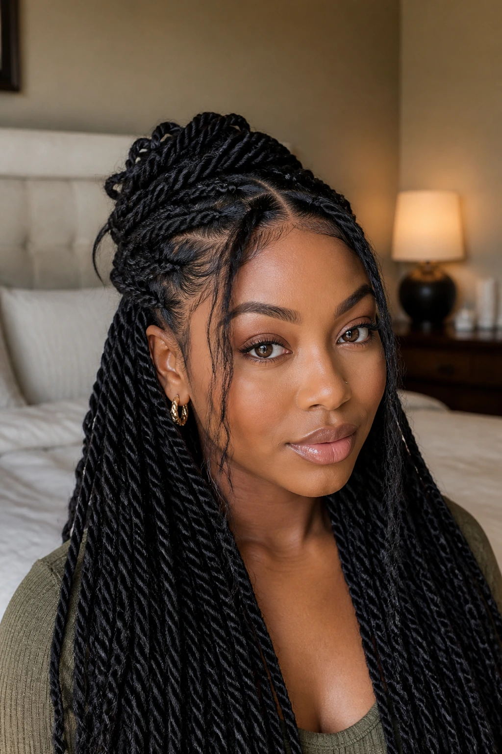 Close-up of a real woman wearing a knotless half-up twist.