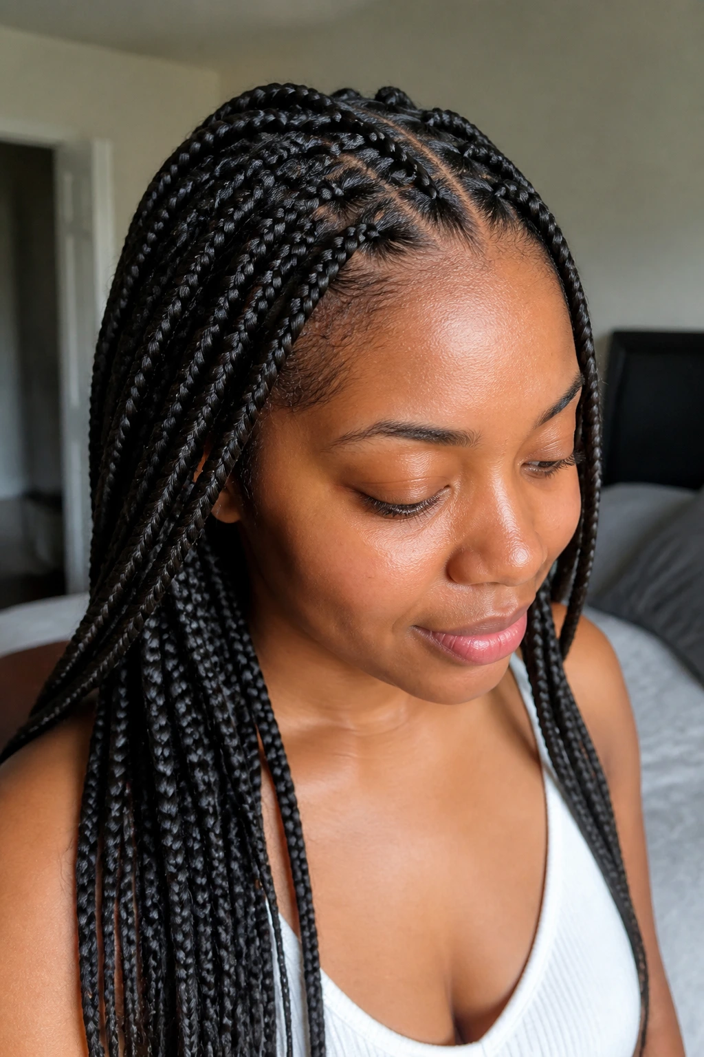 Close-up of a woman with knotless medium braids.