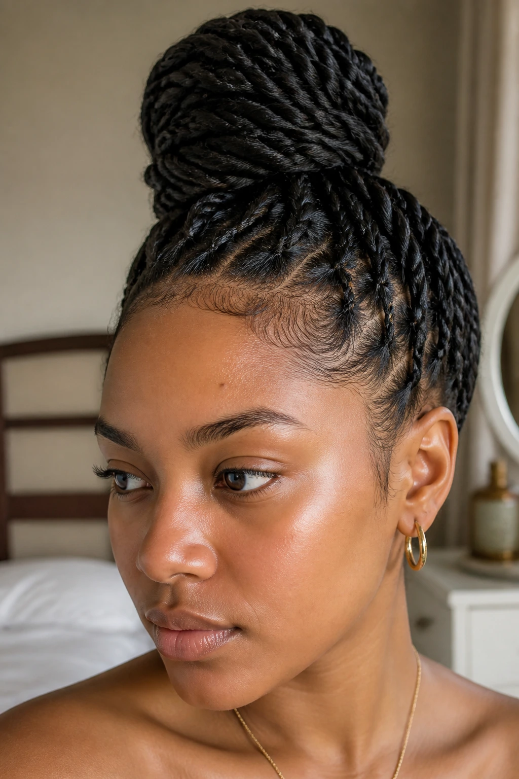 Close-up of a real woman wearing knotless twist bun at the hairline in a cozy bedroom