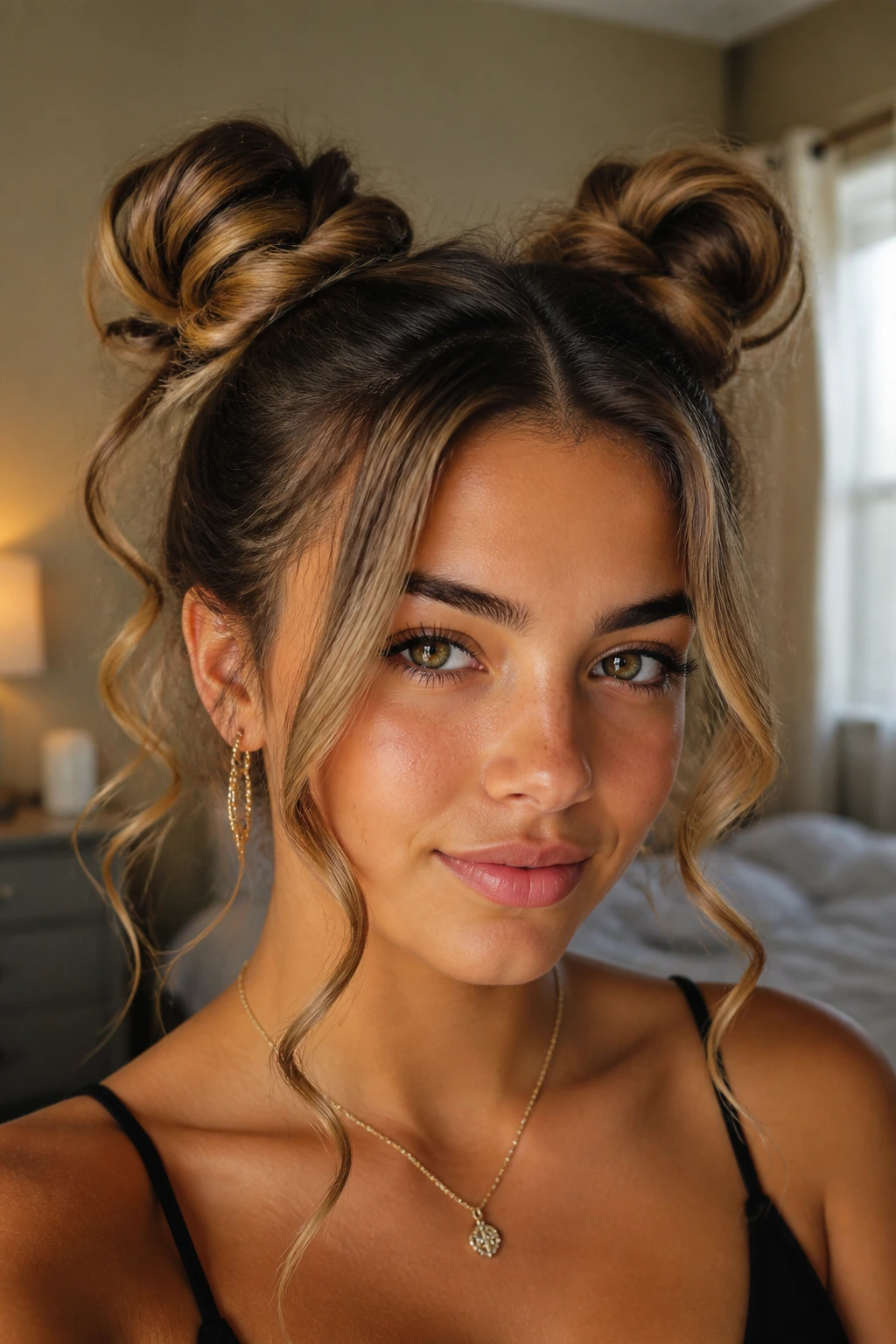 Real woman wearing knotted double buns with soft spiral ends
