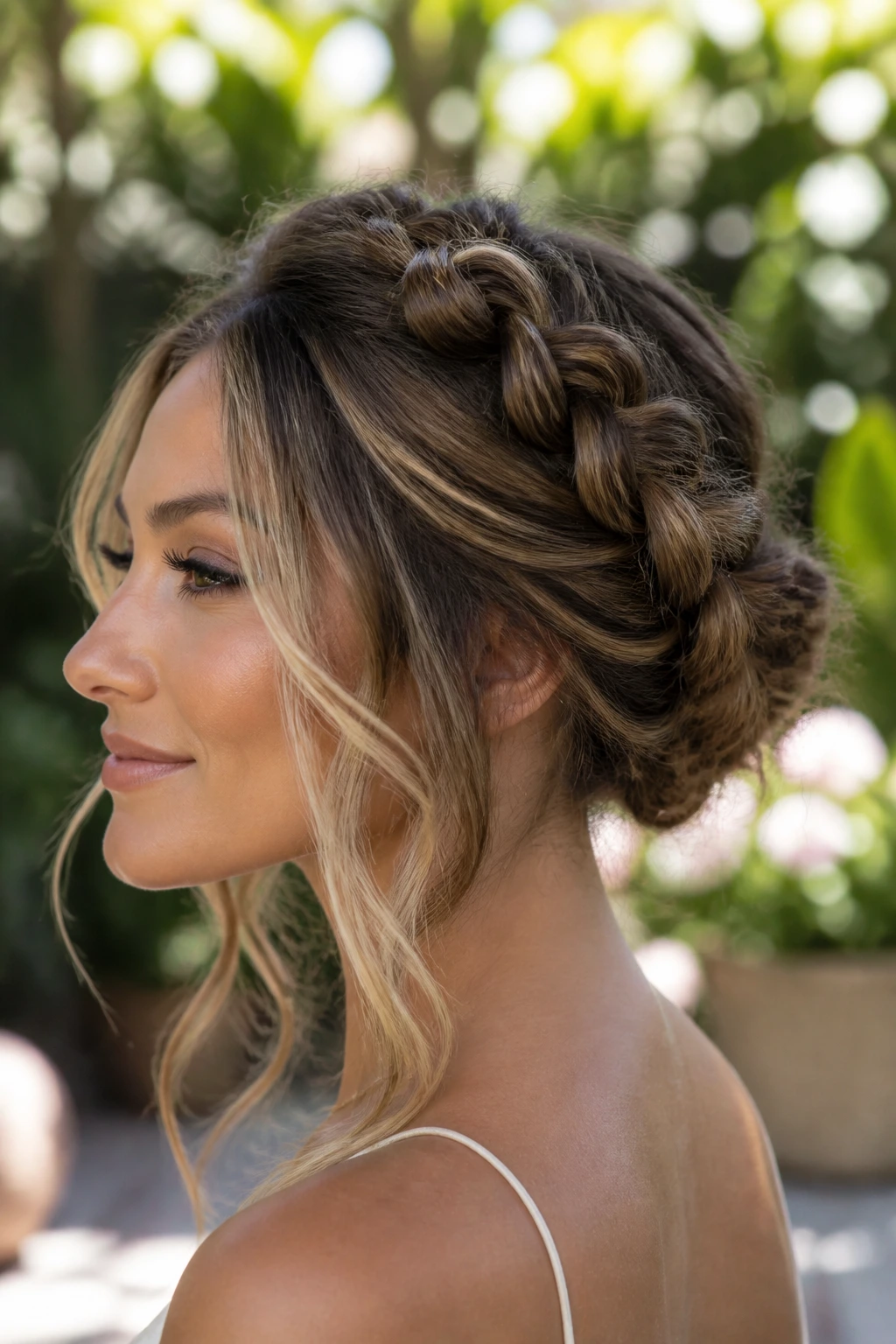 Close-up of a real person wearing a knotted crown updo in a humid outdoor setting.