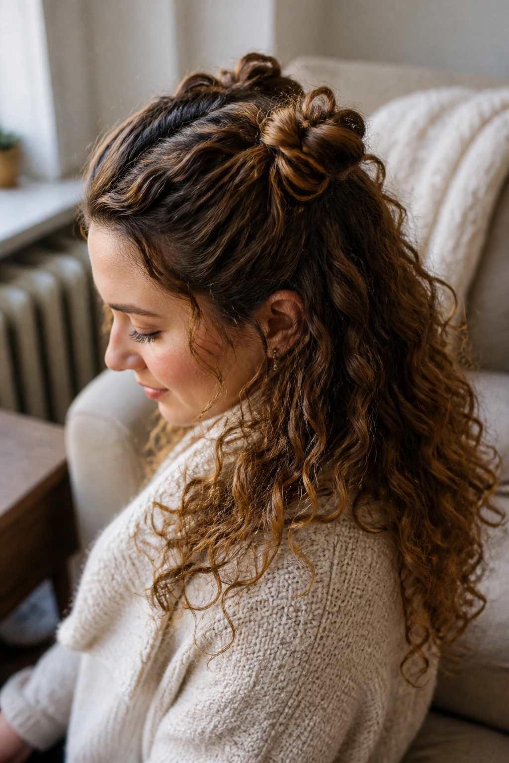 Real person wearing knotted half-up crown with loose curls.