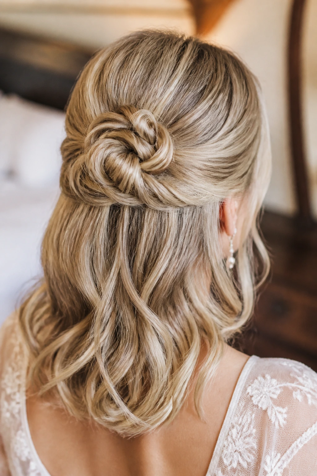 Back view of a real woman wearing a knotted half-up rosette hairstyle