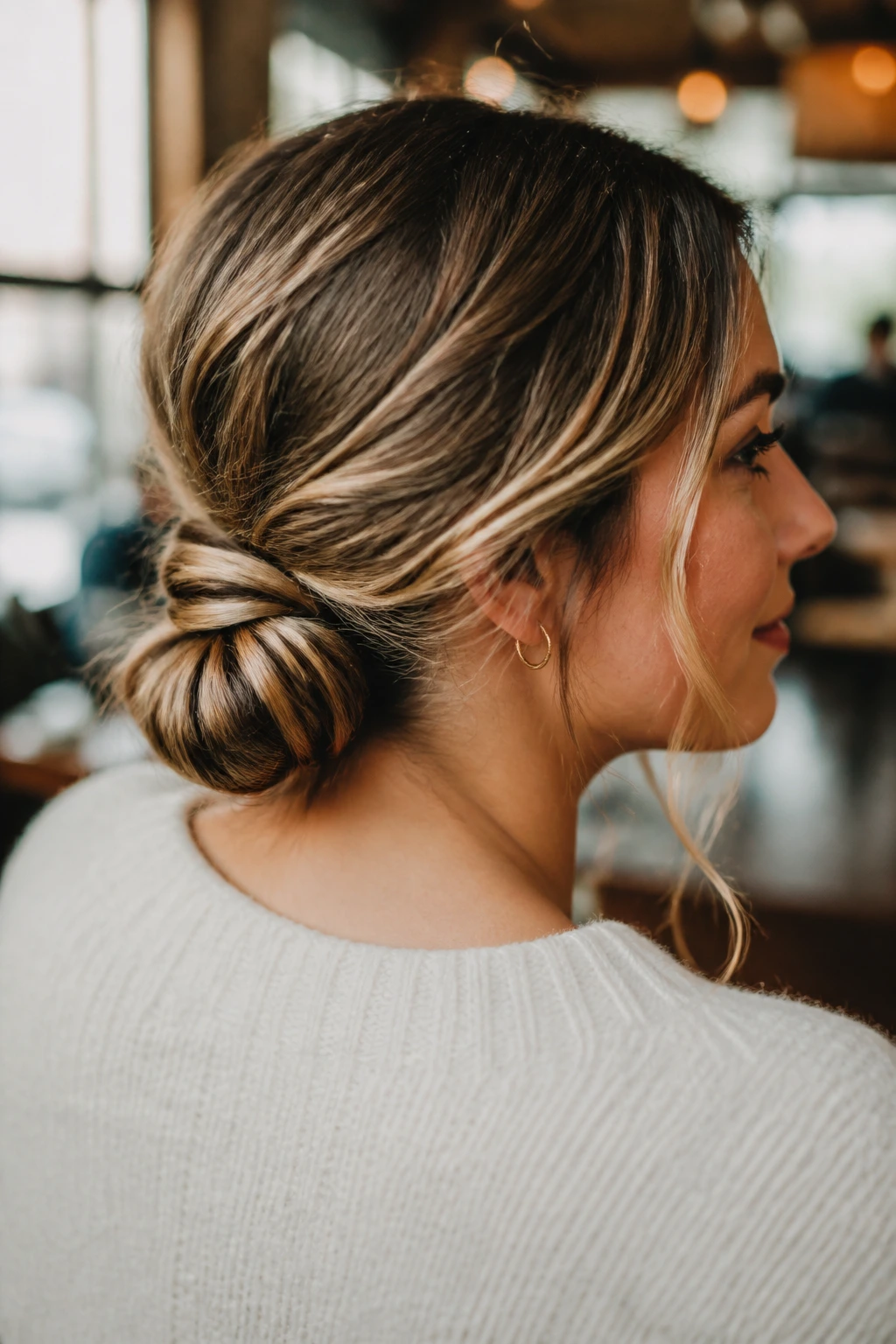Close-up of a real woman wearing a knotted low bun