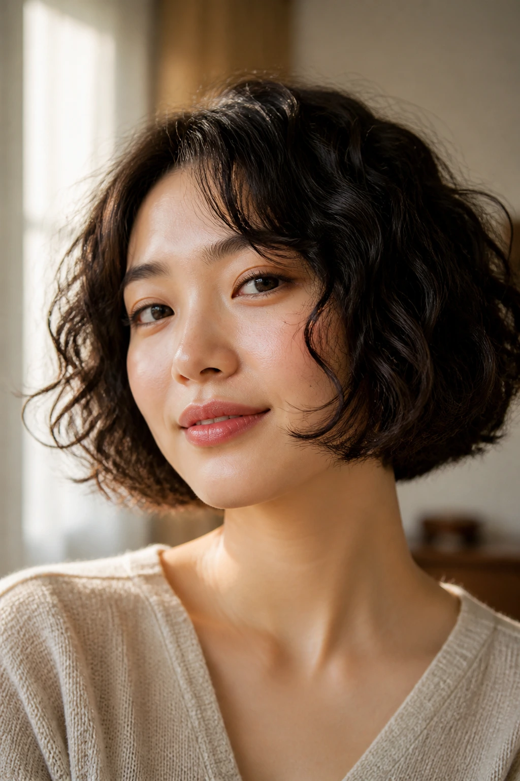 Portrait of a woman with a Korean bob for curly hair in natural light