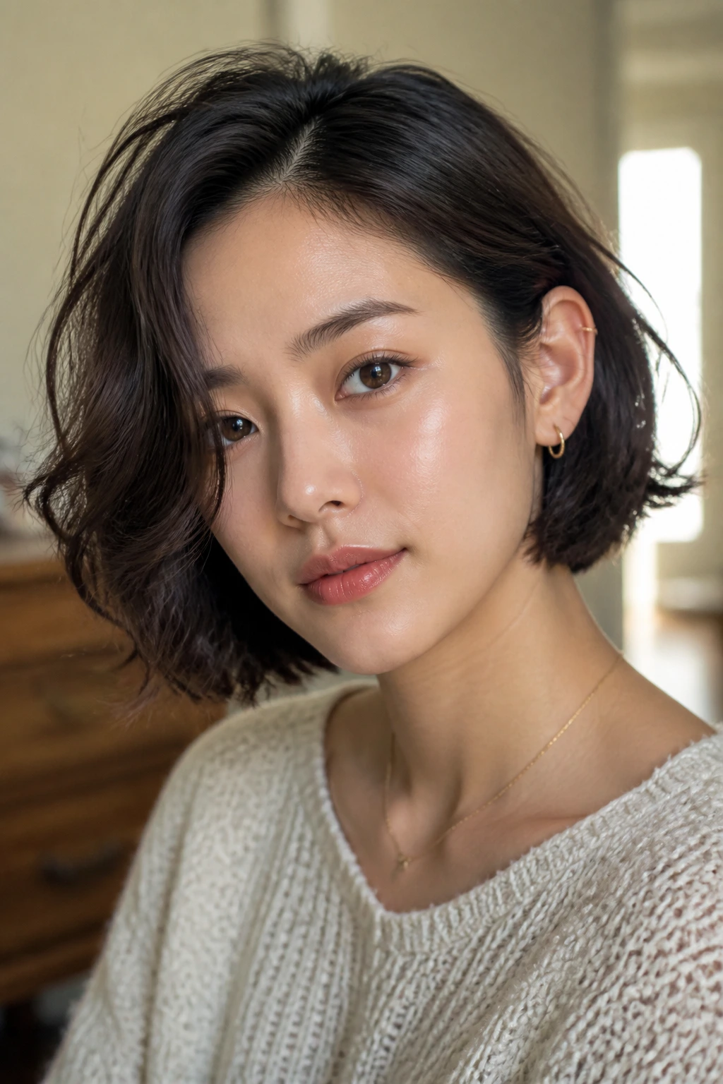 Close-up portrait of a real person with a Korean bob in a casual everyday style